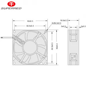 92x92x25mm DC ventilador de arrefecimento com 22-156 CFM fluxo de ar e AWG26 fio de chumbo